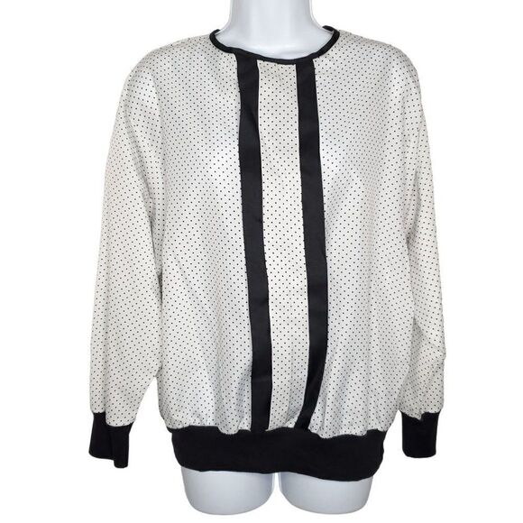 Vintage 80s Mini Polka Dot Blouson Top Blouse 14 Long Sleeve Stripes Black White - Picture 1 of 5